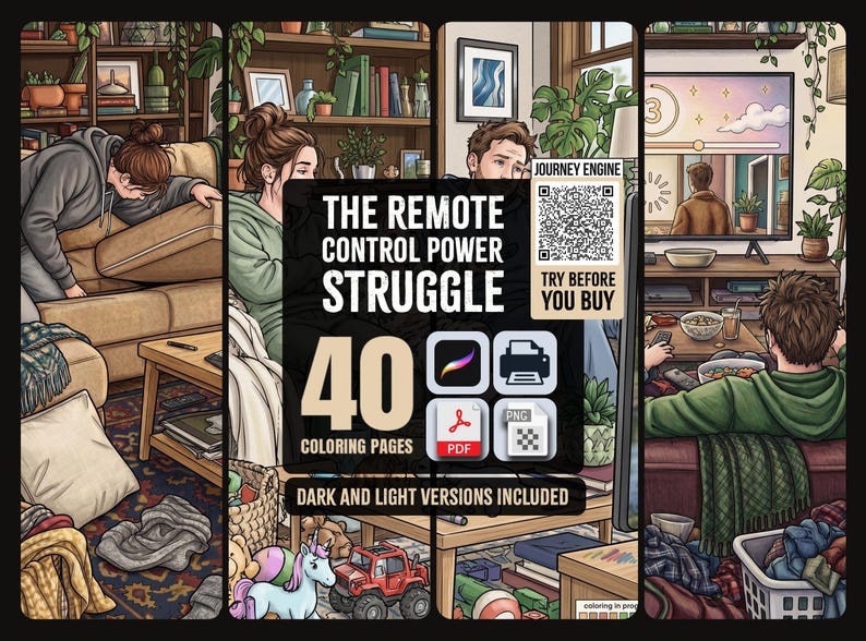 May include: A digital coloring book titled The Remote Control Power Struggle featuring 40 pages in PDF, PNG, and Procreate formats. The cover displays illustrations of people in a living room, a QR code, and icons for printing and digital use.