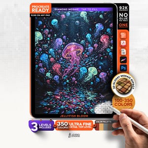 May include: A digital diamond mosaic art kit for iPad featuring a dark underwater scene with glowing neon jellyfish in shades of pink, blue, and green. The interface includes text labels like Procreate Ready, 92K Squares, and Jellyfish Bloom.