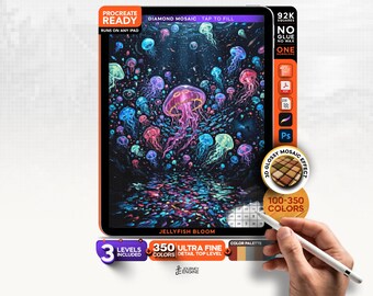 Digital Diamond Painting, Mystery Mosaic iPad, Jellyfish Bloom, Ocean Glow Procreate Art, 3 Levels, 92K Squares, Instant Download