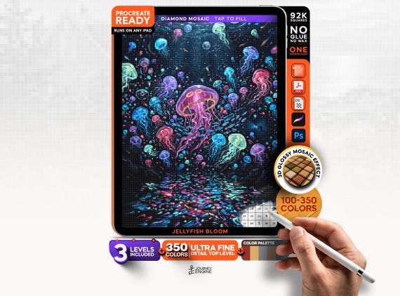 Jellyfish Bloom digital diamond painting mystery mosaic for iPad, Ocean Glow Mosaic