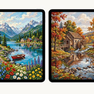 Pu&ograve; includere: Due tablet digitali che mostrano dipinti di paesaggi. Lo schermo sinistro mostra una barca rossa su un lago blu con montagne, baite e fiori selvatici. Lo schermo destro raffigura un mulino in pietra vicino a un ruscello con alberi autunnali.