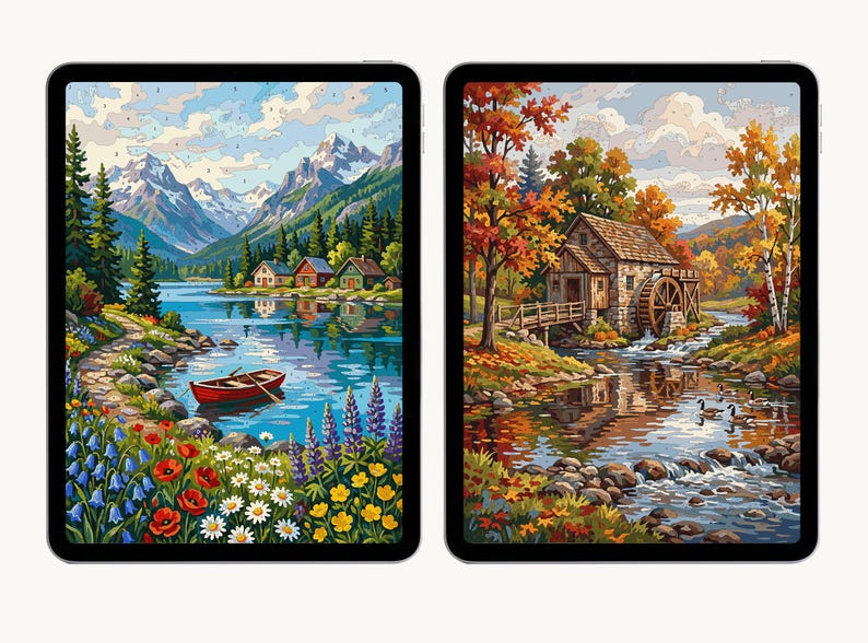 Pu&ograve; includere: Due tablet digitali che mostrano dipinti di paesaggi. Lo schermo sinistro mostra una barca rossa su un lago blu con montagne, baite e fiori selvatici. Lo schermo destro raffigura un mulino in pietra vicino a un ruscello con alberi autunnali.