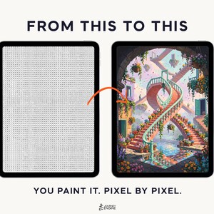 May include: Two tablets display a digital paint-by-number activity. The left screen shows a grid of letters, while the right screen shows a colorful scene of a spiral staircase, flowers, and floating islands. Text reads FROM THIS TO THIS and YOU PAINT IT. PIXEL BY PIXEL.