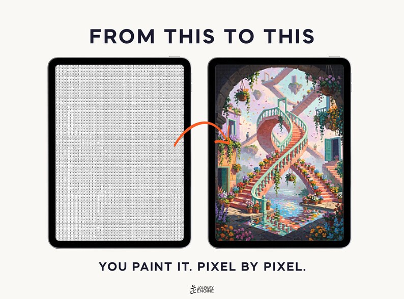 May include: Two tablets display a digital paint-by-number activity. The left screen shows a grid of letters, while the right screen shows a colorful scene of a spiral staircase, flowers, and floating islands. Text reads FROM THIS TO THIS and YOU PAINT IT. PIXEL BY PIXEL.