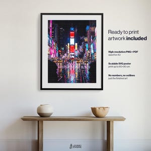 May include: A framed vertical wall art print depicting a nighttime scene of Times Square in New York City, featuring vibrant neon signs, illuminated billboards, and yellow taxis on a wet street reflecting colorful lights under a dark sky.