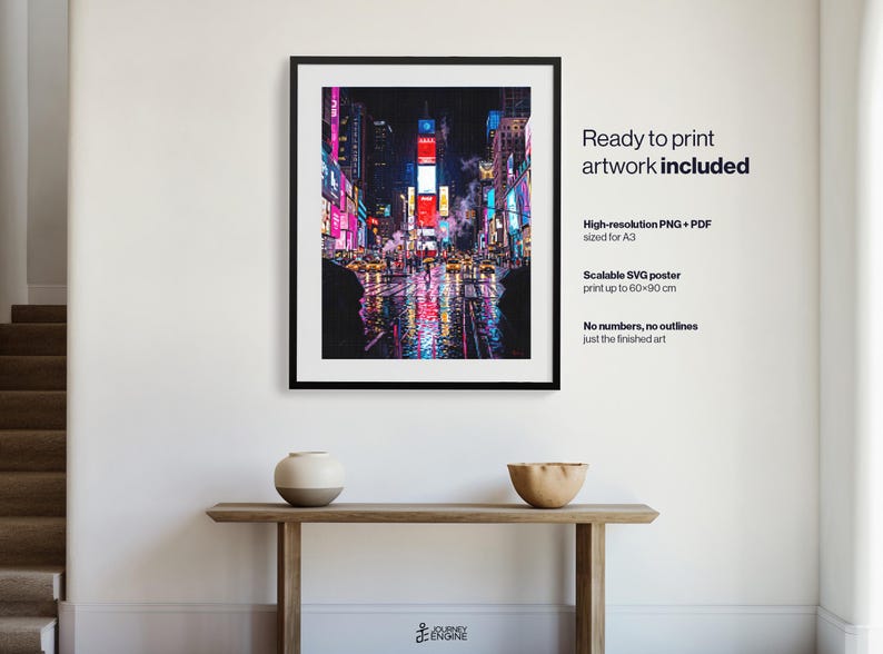 May include: A framed vertical wall art print depicting a nighttime scene of Times Square in New York City, featuring vibrant neon signs, illuminated billboards, and yellow taxis on a wet street reflecting colorful lights under a dark sky.