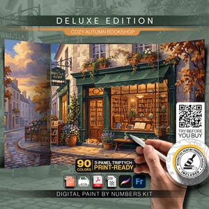 May include: A digital paint by numbers kit titled Deluxe Edition Cozy Autumn Bookshop featuring a 3-panel triptych illustration of a bookstore exterior with a cat, bookshelves, and street scene. Includes a QR code, 90 colors, and file icons.