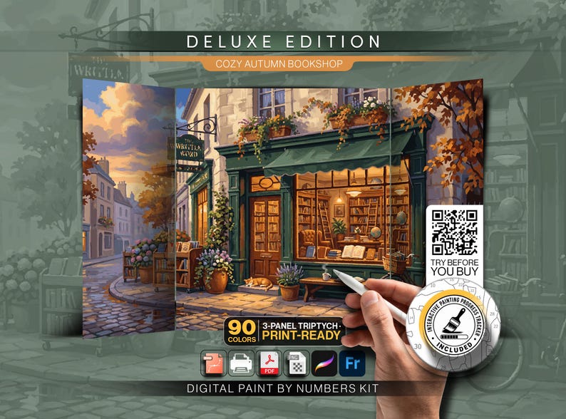 May include: A digital paint by numbers kit titled Deluxe Edition Cozy Autumn Bookshop featuring a 3-panel triptych illustration of a bookstore exterior with a cat, bookshelves, and street scene. Includes a QR code, 90 colors, and file icons.