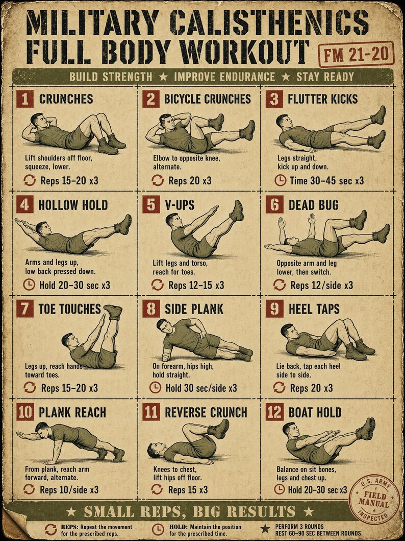 Puede incluir: Un p&oacute;ster beige titulado Military Calisthenics Full Body Workout FM 21-20 que presenta doce ilustraciones numeradas de ejercicios. Cada secci&oacute;n incluye el nombre del ejercicio, instrucciones descriptivas y objetivos de repetici&oacute;n o tiempo.