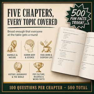 May include: A trivia book titled 500 Fun Facts Trivia with five chapters covering animals, nature, human body, science, food, drink, everyday life, history, geography, the world, pop culture, records, and weird facts, featuring 100 questions per chapter.