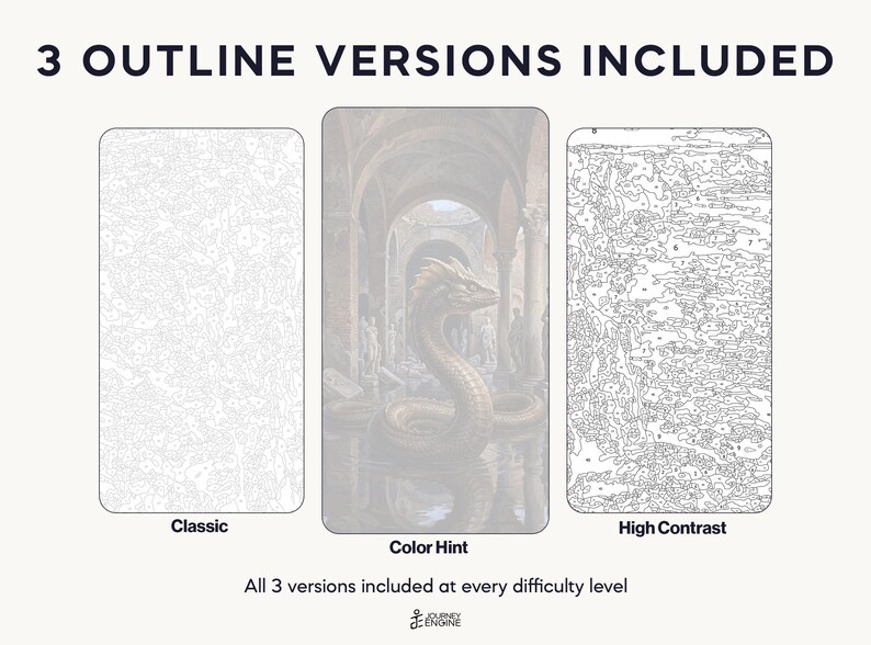 May include: Three paint-by-number templates labeled 3 OUTLINE VERSIONS INCLUDED. The left is a Classic light gray outline, the center is a Color Hint version with a dragon in a hall, and the right is a High Contrast black outline.