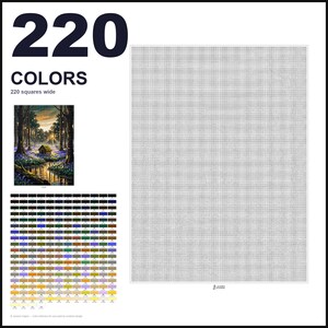 May include: A paint by numbers pattern featuring 220 colors and a 220 squares wide grid. The design includes a small reference image of a cabin in a forest with blue flowers and a stream, alongside a comprehensive color chart with numbered swatches.