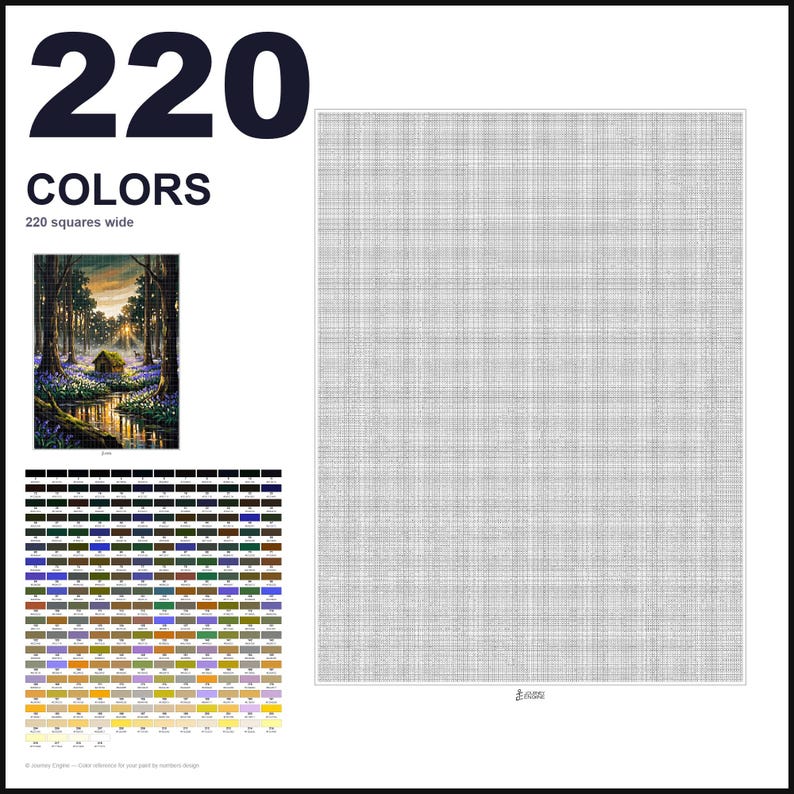 May include: A paint by numbers pattern featuring 220 colors and a 220 squares wide grid. The design includes a small reference image of a cabin in a forest with blue flowers and a stream, alongside a comprehensive color chart with numbered swatches.