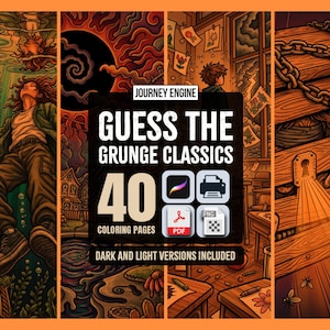 Grunge Malbuch | Errate das Musik-Lied Malvorlagen | 40 90er Jahre Grunge Szenen | Musikliebhaber Geschenk für Erwachsene | Druckbare Instant Download