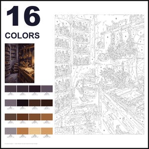 May include: A paint-by-number kit featuring a numbered outline of a room with shelves of bottles, hanging herbs, and a table with a book. The kit includes a small reference image, a 16-color palette with RGB values, and the text 16 COLORS.