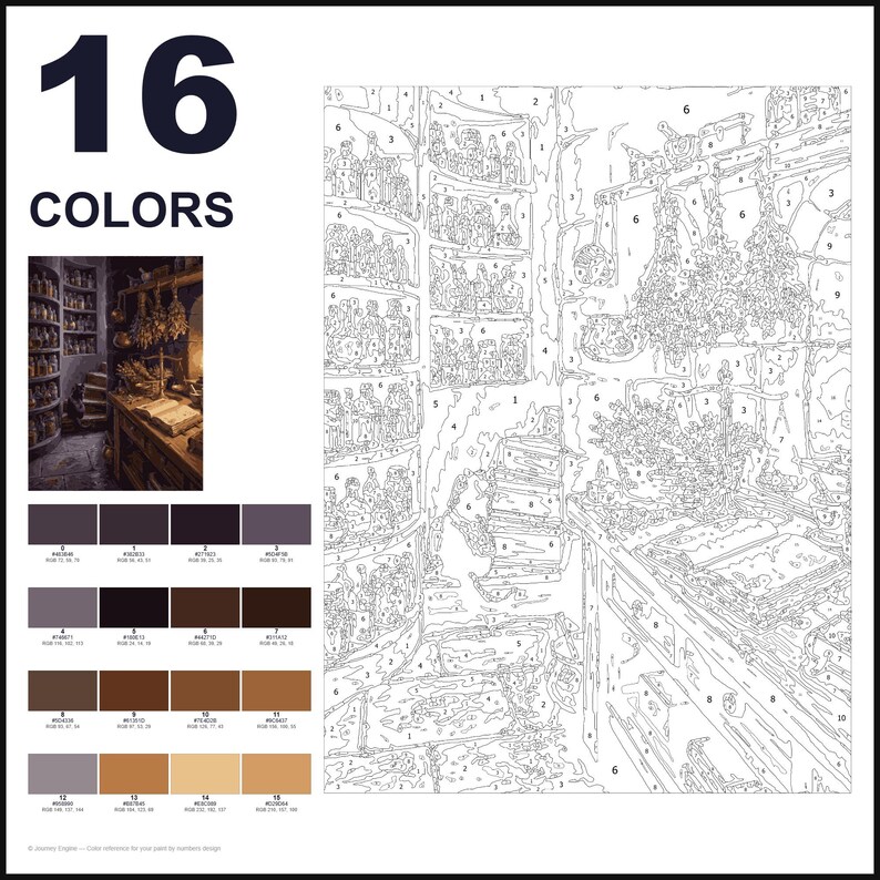 May include: A paint-by-number kit featuring a numbered outline of a room with shelves of bottles, hanging herbs, and a table with a book. The kit includes a small reference image, a 16-color palette with RGB values, and the text 16 COLORS.