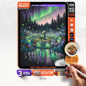 May include: A digital art file titled Fairy Ring Under Aurora for Procreate, featuring a vibrant scene of glowing mushrooms in a forest under a green aurora borealis. The interface includes text labels like 92K Squares, 350 Ultra Fine Colors, and 3 Levels Included, with a circular badge highlighting a 3D glossy mosaic effect.