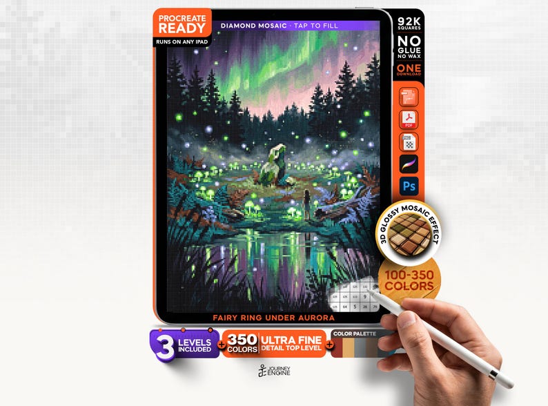 May include: A digital art file titled Fairy Ring Under Aurora for Procreate, featuring a vibrant scene of glowing mushrooms in a forest under a green aurora borealis. The interface includes text labels like 92K Squares, 350 Ultra Fine Colors, and 3 Levels Included, with a circular badge highlighting a 3D glossy mosaic effect.