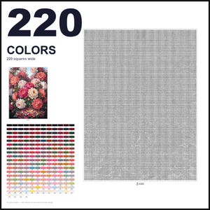May include: A paint-by-numbers pattern featuring a floral bouquet of pink, red, and white peonies. The layout includes a large grid, a color reference chart with 220 distinct shades, and the text 220 COLORS and 220 squares wide.