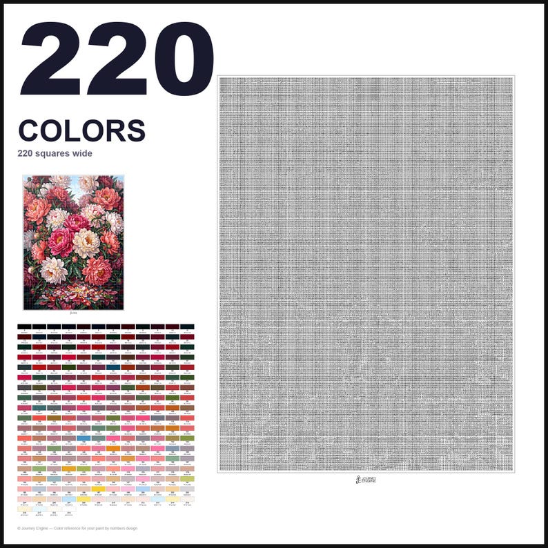 May include: A paint-by-numbers pattern featuring a floral bouquet of pink, red, and white peonies. The layout includes a large grid, a color reference chart with 220 distinct shades, and the text 220 COLORS and 220 squares wide.