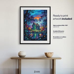 May include: A framed digital art print featuring a cottage in a forest at twilight with glowing lights, a pond, and colorful trees. Text includes Ready to print artwork included, High-resolution PNG + PDF sized for A3, Scalable SVG poster print up to 60x90 cm, No numbers, no outlines just the finished art.
