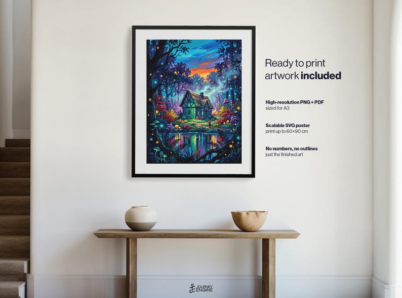 May include: A framed digital art print featuring a cottage in a forest at twilight with glowing lights, a pond, and colorful trees. Text includes Ready to print artwork included, High-resolution PNG + PDF sized for A3, Scalable SVG poster print up to 60x90 cm, No numbers, no outlines just the finished art.