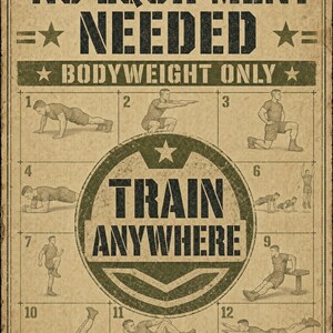 Puede incluir: Un p&oacute;ster de estilo vintage con fondo beige que incluye el texto NO EQUIPMENT NEEDED, BODYWEIGHT ONLY, TRAIN ANYWHERE y FIELD READY. Muestra doce ilustraciones numeradas de personas realizando diversos ejercicios con peso corporal.