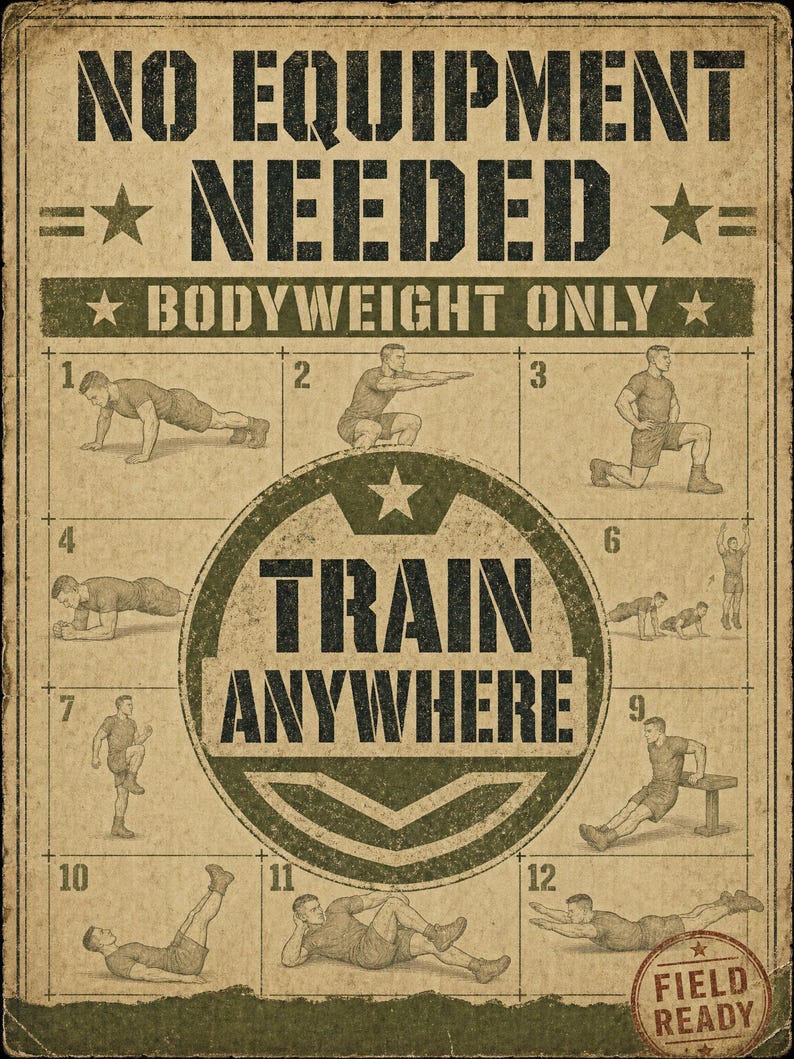 Puede incluir: Un p&oacute;ster de estilo vintage con fondo beige que incluye el texto NO EQUIPMENT NEEDED, BODYWEIGHT ONLY, TRAIN ANYWHERE y FIELD READY. Muestra doce ilustraciones numeradas de personas realizando diversos ejercicios con peso corporal.