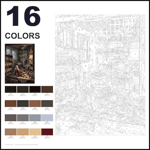 May include: A paint-by-number kit featuring a detailed line drawing of an interior scene with a doll, shelves, and various objects. The kit includes a small color reference image, a numbered guide, and sixteen distinct color swatches with RGB values.