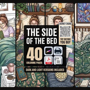 Puede incluir: Una colecci&oacute;n digital titulada The Side of the Bed que incluye 40 p&aacute;ginas para colorear con versiones oscuras y claras. Las ilustraciones muestran personas en la cama leyendo o durmiendo, rodeadas de libros, plantas y objetos decorativos.