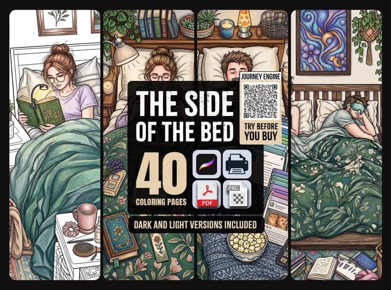 Puede incluir: Una colecci&oacute;n digital titulada The Side of the Bed que incluye 40 p&aacute;ginas para colorear con versiones oscuras y claras. Las ilustraciones muestran personas en la cama leyendo o durmiendo, rodeadas de libros, plantas y objetos decorativos.