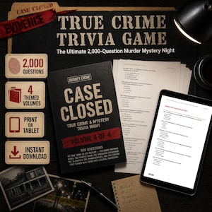 May include: A True Crime Trivia Game set featuring a black book titled Case Closed Volume 4 of 4, a tablet displaying trivia questions, printed question sheets, a pen, and small photographs. The set includes 2,000 questions across 4 volumes.