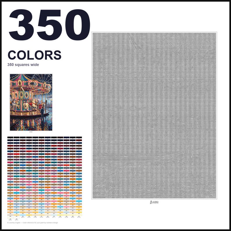May include: A paint-by-numbers pattern featuring a large grid of 350 colors, a small reference image of a carousel at night, and a large gray grid labeled 350 squares wide. The design includes a color key with numbered swatches for painting.