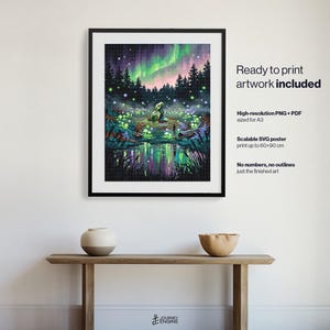 May include: A framed digital art print featuring a forest scene with glowing green mushrooms, a central stone, and a vibrant aurora borealis in the night sky. Text includes Ready to print artwork included, High-resolution PNG + PDF sized for A3, Scalable SVG poster print up to 60x90 cm, and No numbers, no outlines just the finished art.