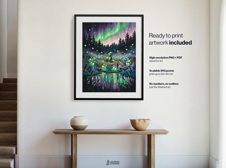 May include: A framed digital art print featuring a forest scene with glowing green mushrooms, a central stone, and a vibrant aurora borealis in the night sky. Text includes Ready to print artwork included, High-resolution PNG + PDF sized for A3, Scalable SVG poster print up to 60x90 cm, and No numbers, no outlines just the finished art.