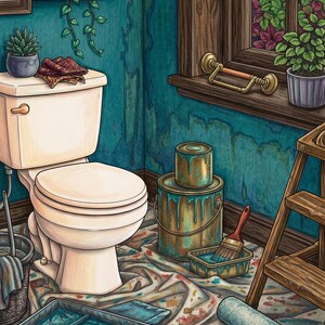 May include: A bathroom interior featuring a white toilet, a wooden step ladder, and various painting supplies including paint cans, a tray with a roller, a brush, and a screwdriver. The walls are painted a mottled teal, and a drop cloth covers the floor.