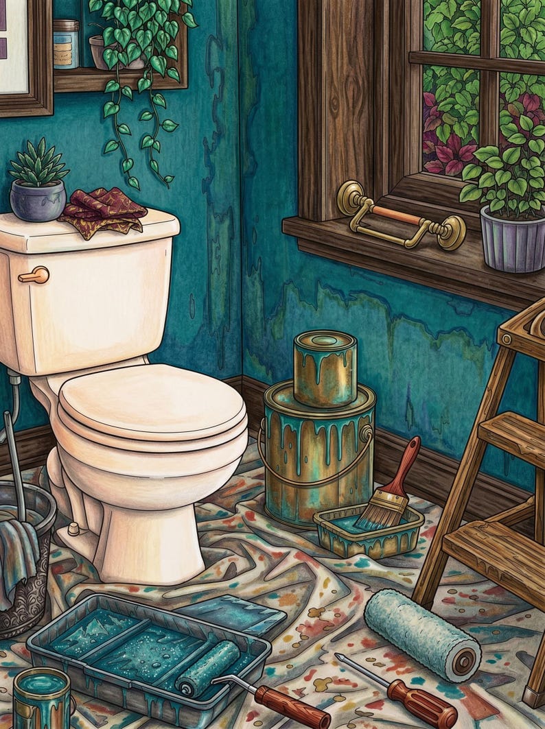 May include: A bathroom interior featuring a white toilet, a wooden step ladder, and various painting supplies including paint cans, a tray with a roller, a brush, and a screwdriver. The walls are painted a mottled teal, and a drop cloth covers the floor.