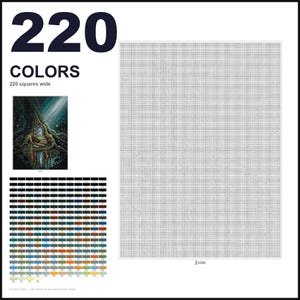 May include: A paint-by-numbers canvas template featuring a grid of 220 colors, 220 squares wide. The layout includes a small reference image of a tree with a glowing door, a comprehensive color key with 220 numbered swatches, and a large blank grid.