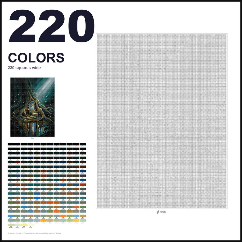 May include: A paint-by-numbers canvas template featuring a grid of 220 colors, 220 squares wide. The layout includes a small reference image of a tree with a glowing door, a comprehensive color key with 220 numbered swatches, and a large blank grid.