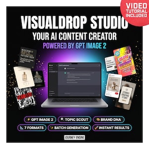 Puede incluir: Imagen promocional de VisualDrop Studio, un creador de contenido de IA. La imagen presenta una computadora portátil que muestra la interfaz del software, rodeada de tarjetas con texto como "Glow Up Season" y "Story Graphic Story". El texto incluye "Powered by GPT Image 2".