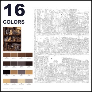 May include: A paint-by-number kit featuring a shelf filled with crystals, herbs, and apothecary jars. The layout includes a reference image, a numbered outline template, and a palette of 16 distinct color swatches with RGB values for painting.