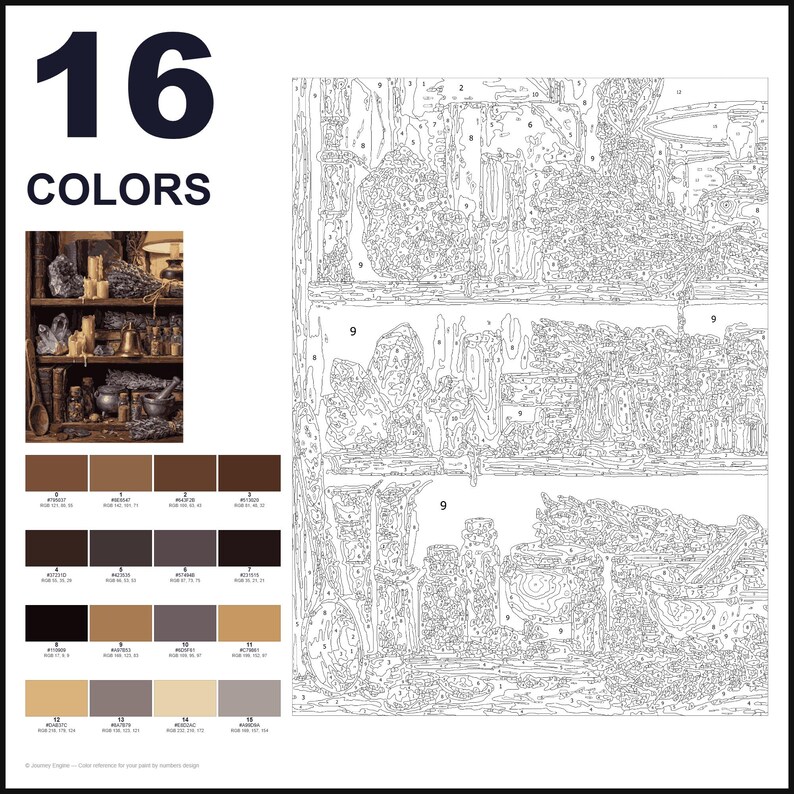 May include: A paint-by-number kit featuring a shelf filled with crystals, herbs, and apothecary jars. The layout includes a reference image, a numbered outline template, and a palette of 16 distinct color swatches with RGB values for painting.