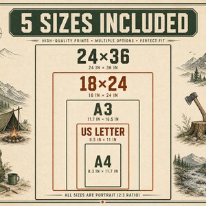 K&ouml;nnte beinhalten: Eine Grafik mit 5 Druckgr&ouml;&szlig;en: 24x36 Zoll, 18x24 Zoll, A3 (29,7x42 cm), US Letter (21,6x27,9 cm) und A4 (21x29,7 cm). Das Design zeigt Illustrationen im Vintage-Stil von Bergen, einem Zelt, einem Rucksack und einer Axt.