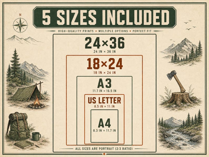 K&ouml;nnte beinhalten: Eine Grafik mit 5 Druckgr&ouml;&szlig;en: 24x36 Zoll, 18x24 Zoll, A3 (29,7x42 cm), US Letter (21,6x27,9 cm) und A4 (21x29,7 cm). Das Design zeigt Illustrationen im Vintage-Stil von Bergen, einem Zelt, einem Rucksack und einer Axt.