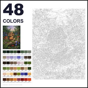 May include: A paint-by-numbers kit featuring 48 colors with a numbered outline of a snail house in a forest setting. The kit includes a small color reference image showing a snail with a house shell, mushrooms, and ferns, plus a color palette chart.
