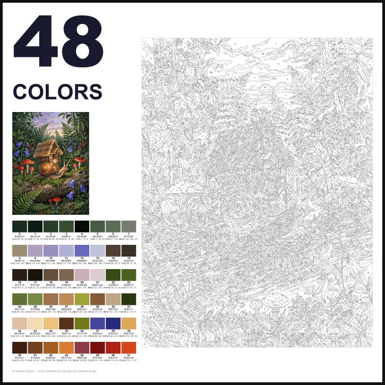 May include: A paint-by-numbers kit featuring 48 colors with a numbered outline of a snail house in a forest setting. The kit includes a small color reference image showing a snail with a house shell, mushrooms, and ferns, plus a color palette chart.