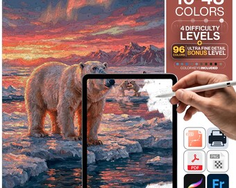 Polar Bear Paint by Numbers Digital | 5 Levels 16-96 Colors | Svg Pdf Png Procreate | Arctic Polar Bear Aurora Sunset Printable Wall Art