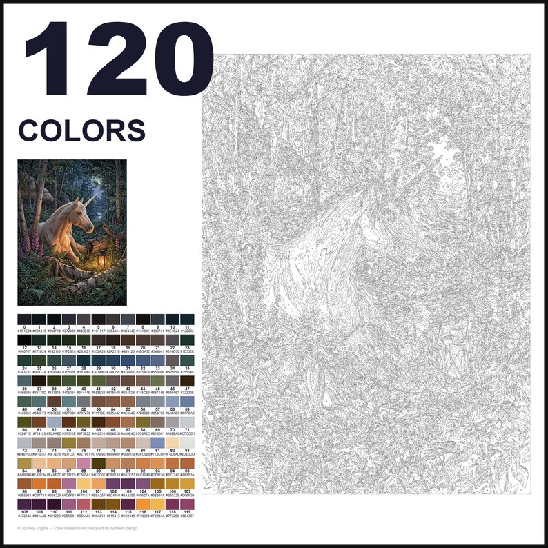 May include: A paint-by-numbers kit featuring a unicorn in a forest setting. The image includes a finished color reference, a large numbered outline canvas, and a grid of 120 color swatches labeled with numbers 0 through 119 for painting guidance.
