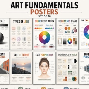 Może przedstawiać: Zestaw 10 edukacyjnych plakatów artystycznych zatytułowanych Art Fundamentals Posters. Kolekcja zawiera wykresy dotyczące skali wartości, rodzajów linii, teorii koloru, elementów sztuki, kół barw, perspektywy zbieżnej, zasady trójpodziału, proporcji twarzy, zasad projektowania oraz perspektywy dwuzbieżnej.