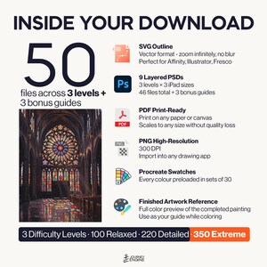 May include: A digital download package containing 50 files across 3 levels and 3 bonus guides. Includes SVG outlines, 9 layered PSDs, PDF print-ready files, high-resolution PNGs, Procreate swatches, and a finished artwork reference of a cathedral interior.